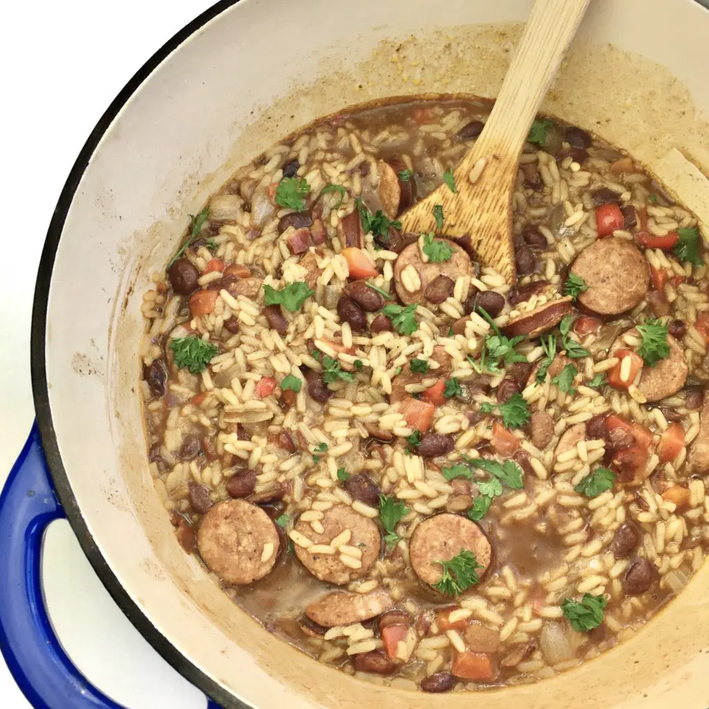 red beans and rice in a blue pot